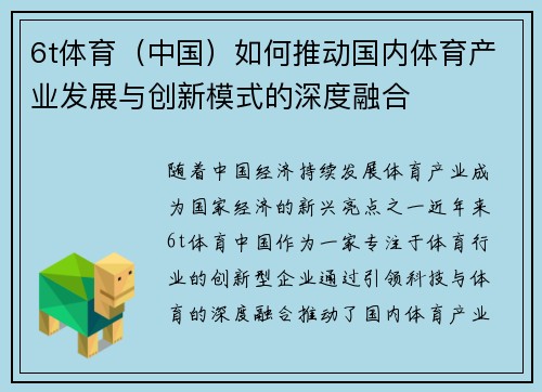 6t体育（中国）如何推动国内体育产业发展与创新模式的深度融合